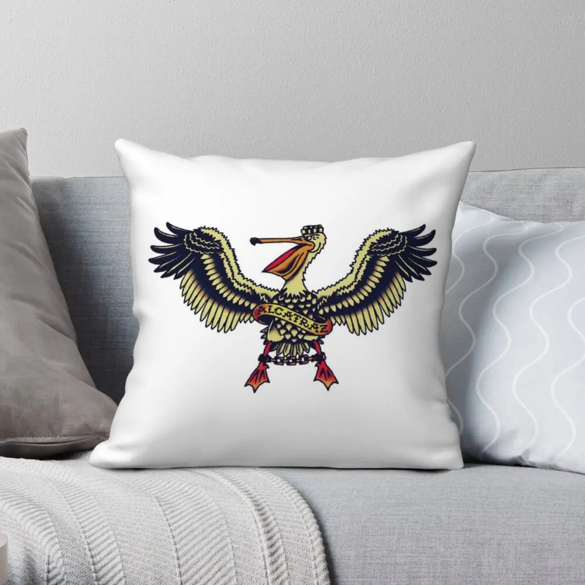 

Alcatraz Pelican Tattoo Square Pillowcase Polyester Linen Velvet Printed Zip Decor Sofa Cushion Cover