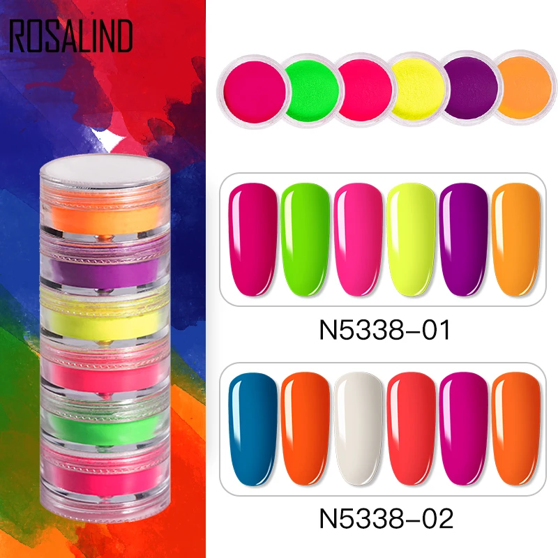 ROSALIND-Polvo de pigmento brillante para uñas, decoraciones de neón, 6 piezas por caja, sin lámpara, para manicura, diseño artístico