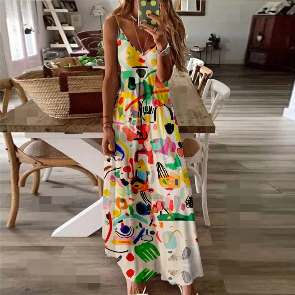 Maxi Dress For Women V-Neck Strap Colorful Print Sexy Beach Long Maxi Dress Split Sleeveless Vintage Clothing Oversized Tops 4XL