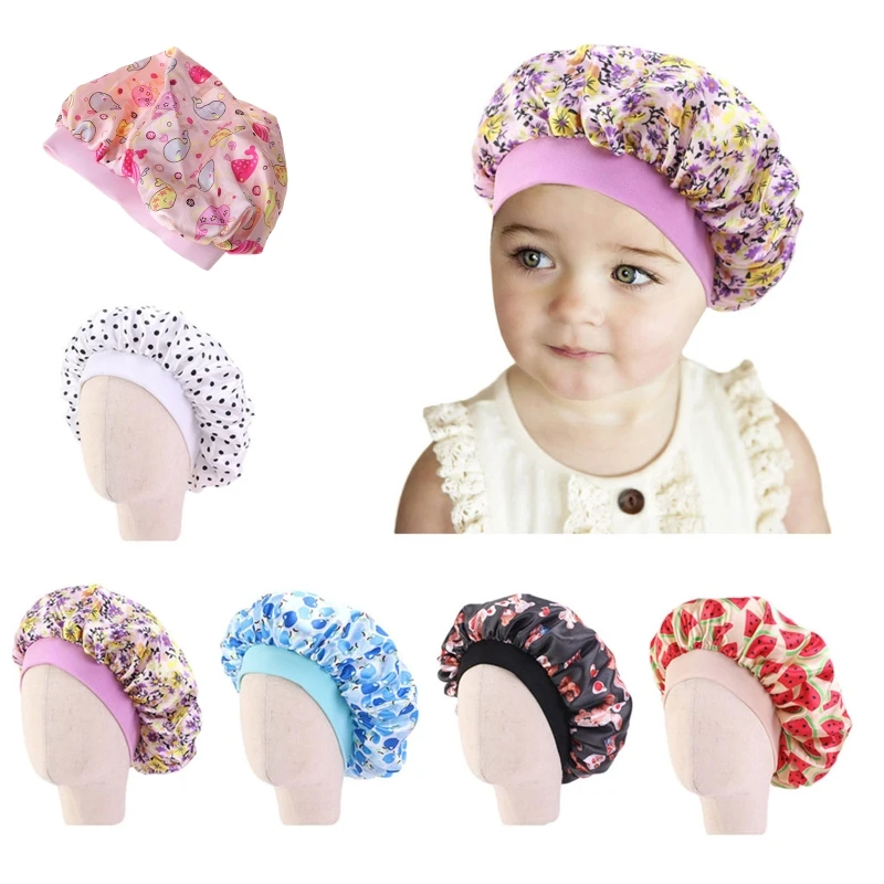 

Cute Pattern Bonnet Night Sleep Cap for Children Kids Satin Wide-brimmed Elastic Turban Chemo Hat Girl boy Hair Care Accessories