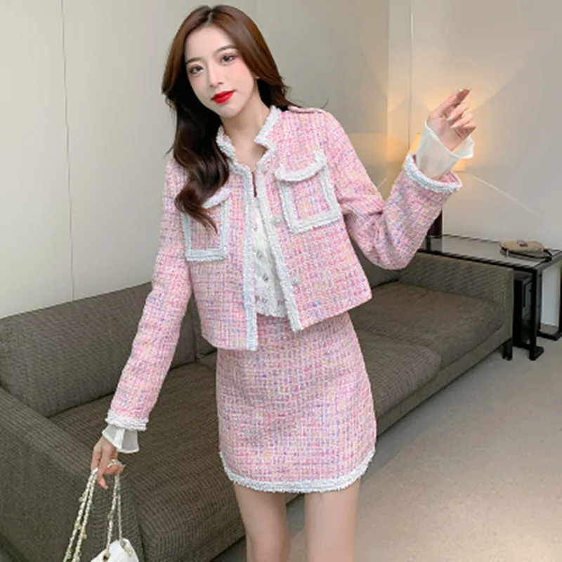 

Small Fragrance Pink Tweed Women 2 Piece Set Sweet Fall Winter Stand Collar Tassle Short Coat + High Waist Mini Skirt Suit