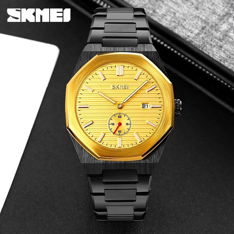 SKMEI Men\'s Watches Stainless Steel Quartz Wristwatch Luxury Golden Watch Man Calendar Display Clock Original Relogio Masculino