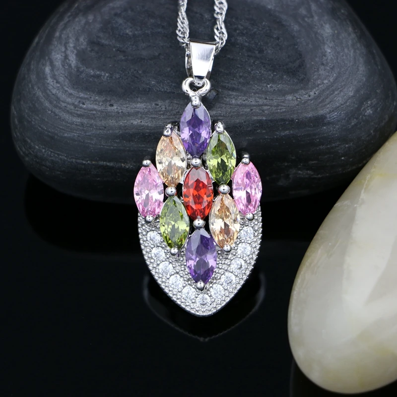 925 Silver Wedding Pendant Necklace for Women Multicolor Cubic Zirconia White Crystal Bridal Accessories
