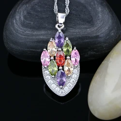 925 Silver Wedding Pendant Necklace for Women Multicolor Cubic Zirconia White Crystal Bridal Accessories