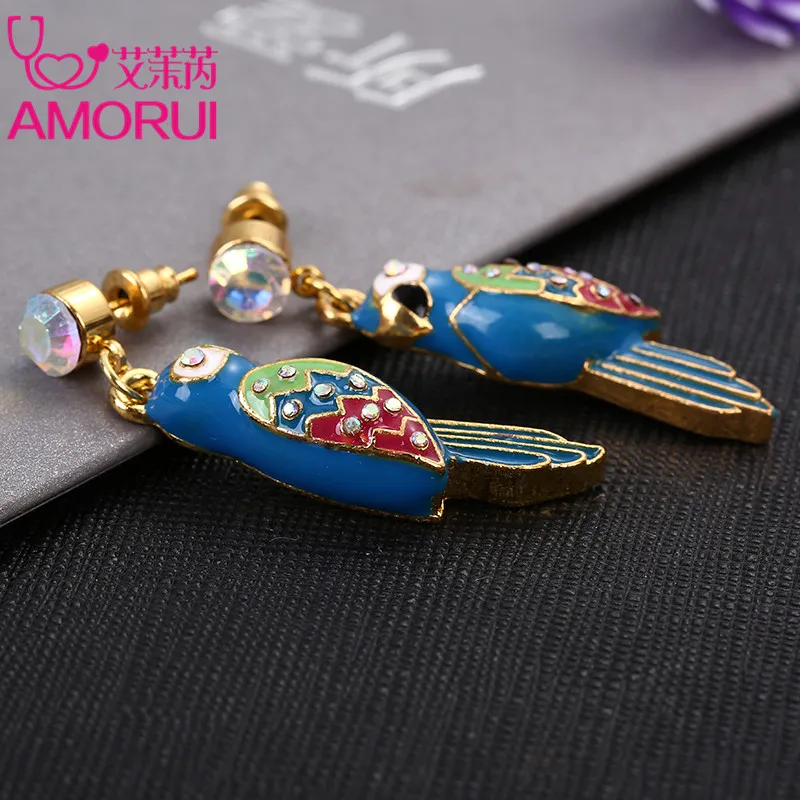 AMORUI Women Drop Earings Jewelry Blue Enamel Parrot Gold Color Rhinestone Drop Earrings for Women Brincos Earring Bijoux Gift