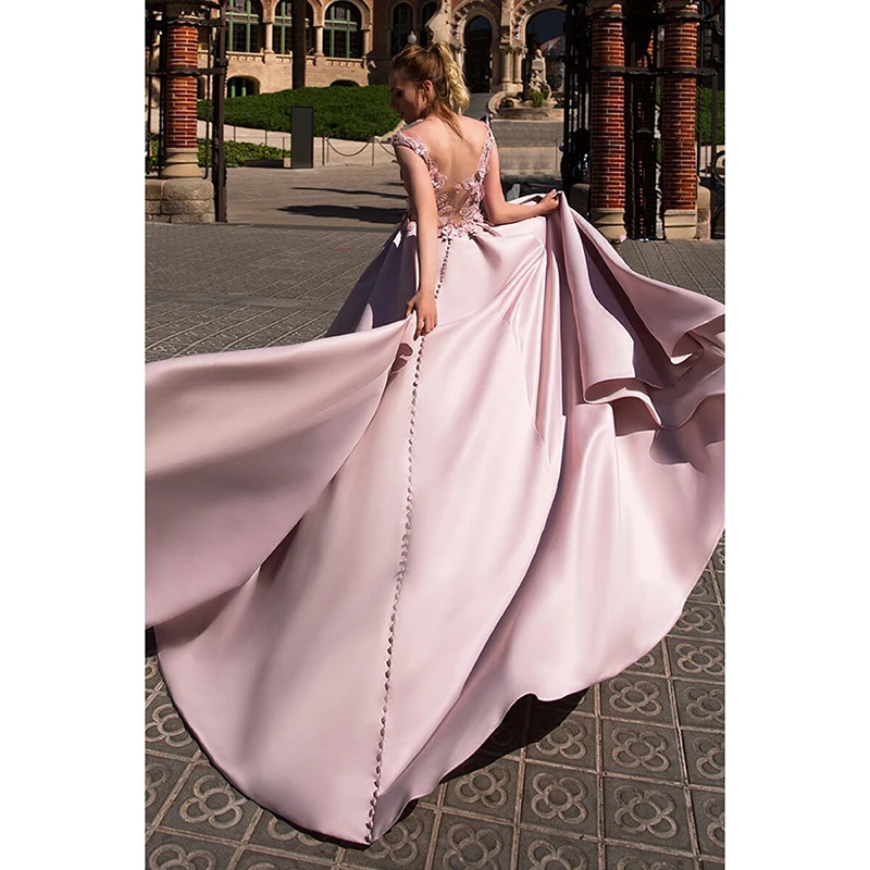 Satijnen Baljurk Prom Dress 2020 Robe De Soiree Kant Applique Bloem Roze Elegante Avondjurk Lange Party Gown Gala jurk