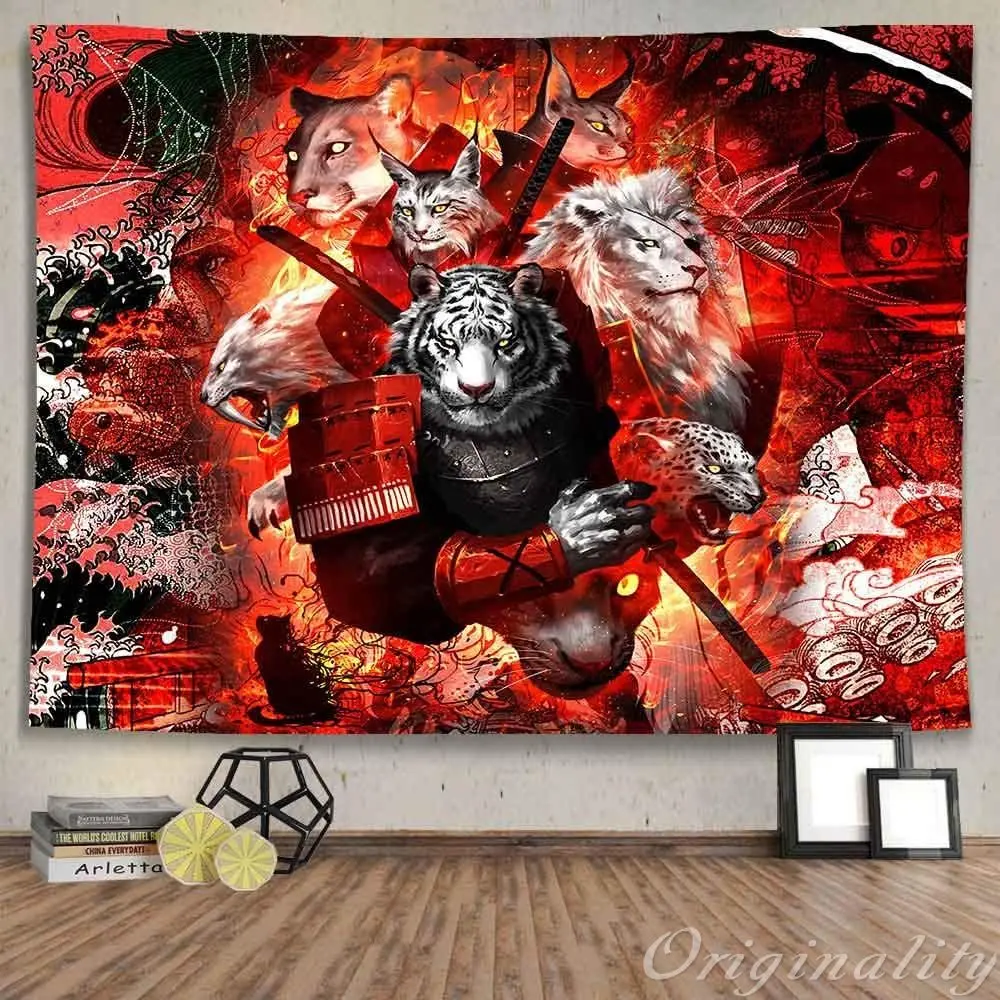 

Аниме игровой гобелен Ine Ive с психоделическими животными, леопардовым львом, кошкой в стиле Фэнтези, красный декоративный гобелен для гостиной, спальни