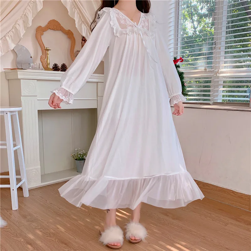 White Embroidery Lace Night Dress Women Lolita Sleepwear Princess Ladies Victorian Vintage Nightgowns Peignoirs Girl Lounge Wear