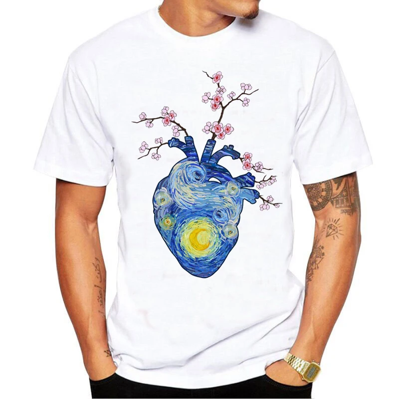 2021 Hot Anime Van Gogh Art Oil Painting heart T Shirt Men Kawaii Summer Tops Graphic Tees