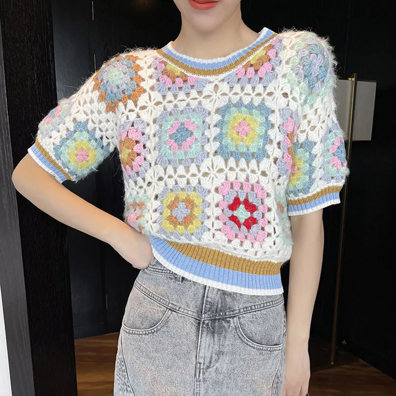 

Indie Folk Cropped Sweater Shirt Women 2021 Bohemian Summer Tops Hollow Out O Neck Crotchet Knit Shirt Short Designer Pullover