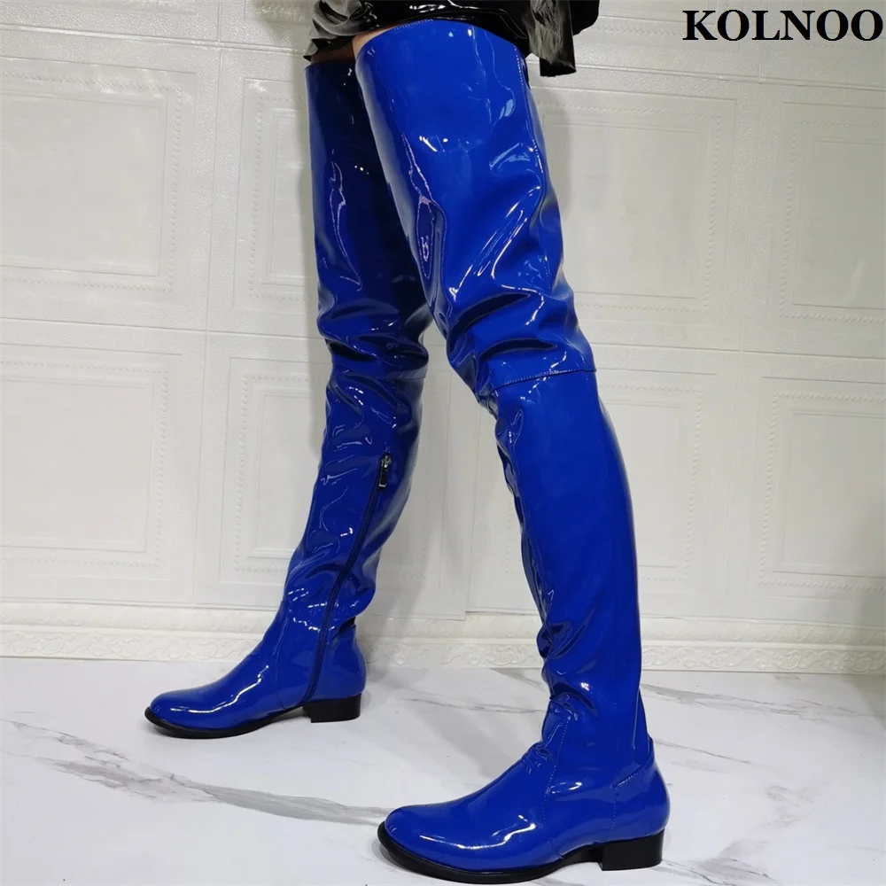 

Kolnoo New Real Photos Women Thigh High Boots Blue Patent Leather Sexy Club Over Knee Booties Evening Party Fashion Winter Shoes