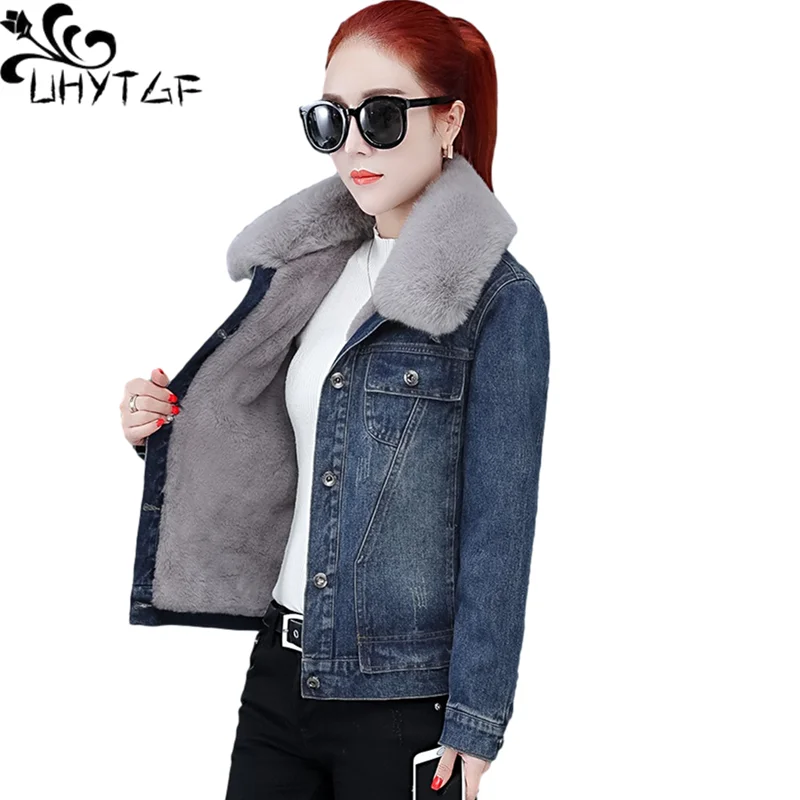 UHYTGF Winter Denim Jacket Women Lambswool Fleece Warm Outwear Fur Collar Casual Student Short Jeans Coat Parker Female Coat1387