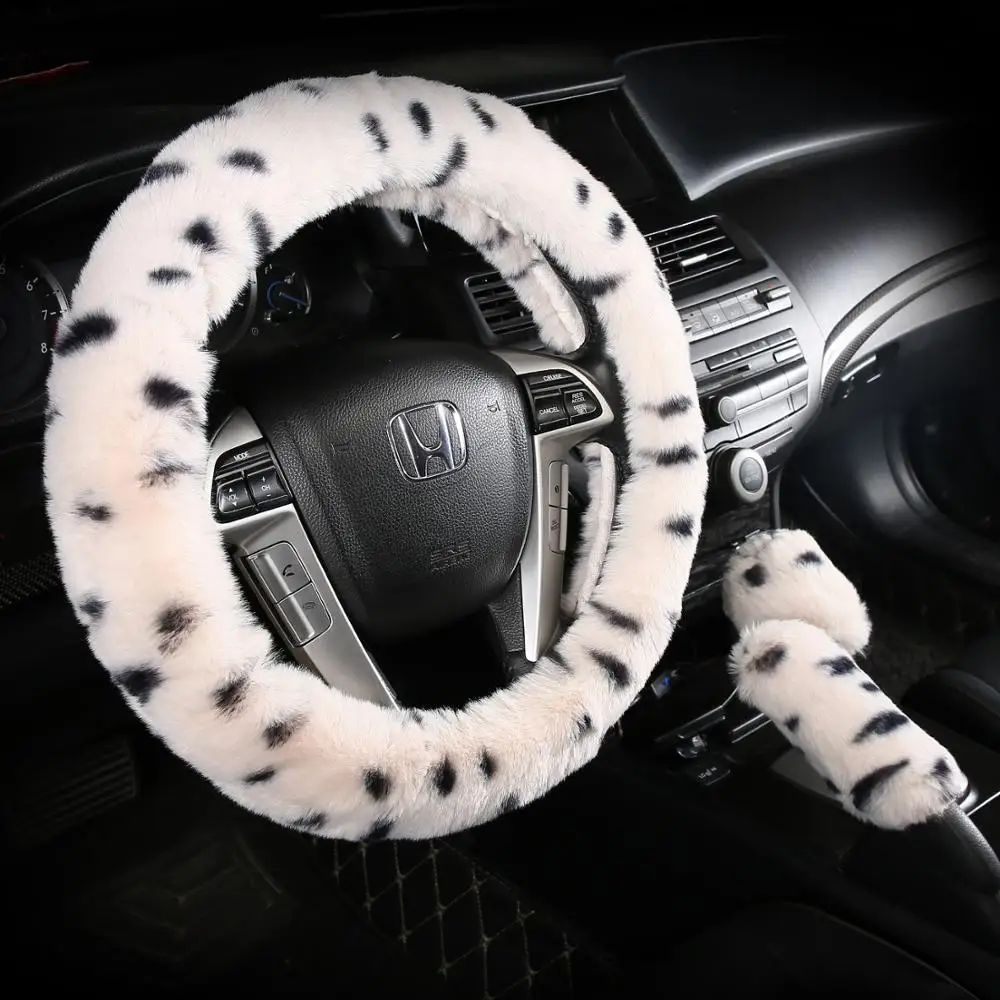 

3 Pcs Fluffy Plush Universal Steering Wheel Cover for Women Furry Luxury 15 inches with Handbrake Cover and Gear Shift Cover