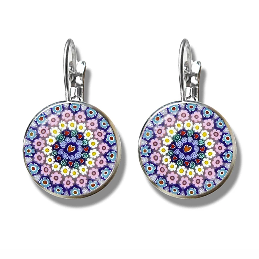 Murano Millefiori Earrings MultiColour Flower Glass Cabochon French Hook Earrings Jewelry For Women Girls Gift Wholesale