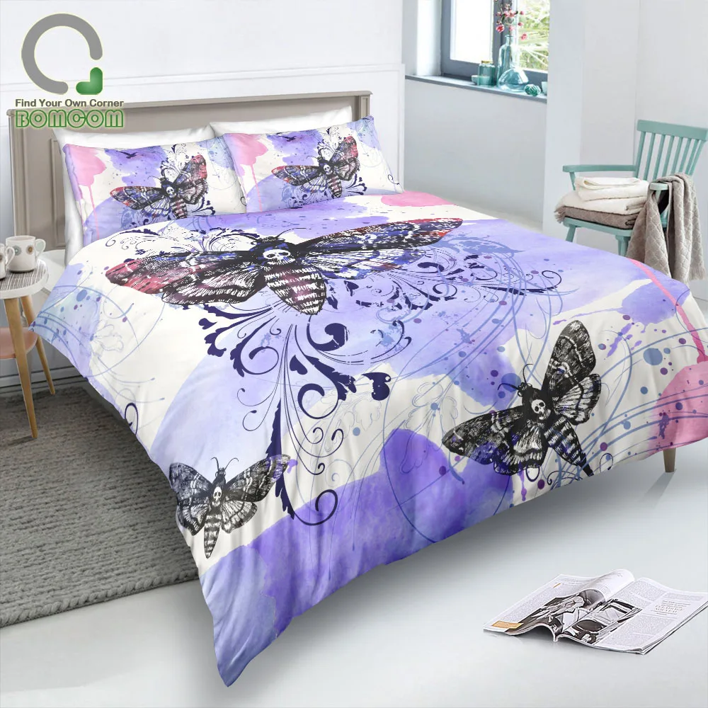 BOMCOM 3D Digital Printing Duvet Cover Set Watercolor Flourish Purple Pink Blast Death's Head Hawk Moth (NO Comforter) 1 Duvet C