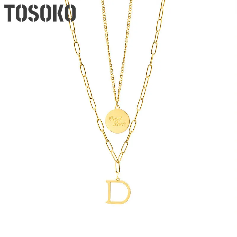 

TOSOKO Stainless Steel Jewelry Double Layer Good Lucky Letter Necklace Women's Fashion Double Clavicle Chain BSP625