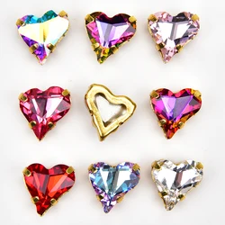 10pcs/pack 12*13mm K9 Rhinestones Crooked Heart Strass Crystal Gold Base Sew On Claw Wedding Decoration Diy Clothing Accessories