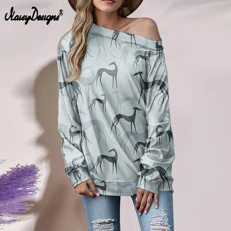 Noisydesigns Women Blouses And Shirt Black Greyhound Dogs Animals Prints Female Loose Autumn Off Shoulder Top Chic Dropshipping