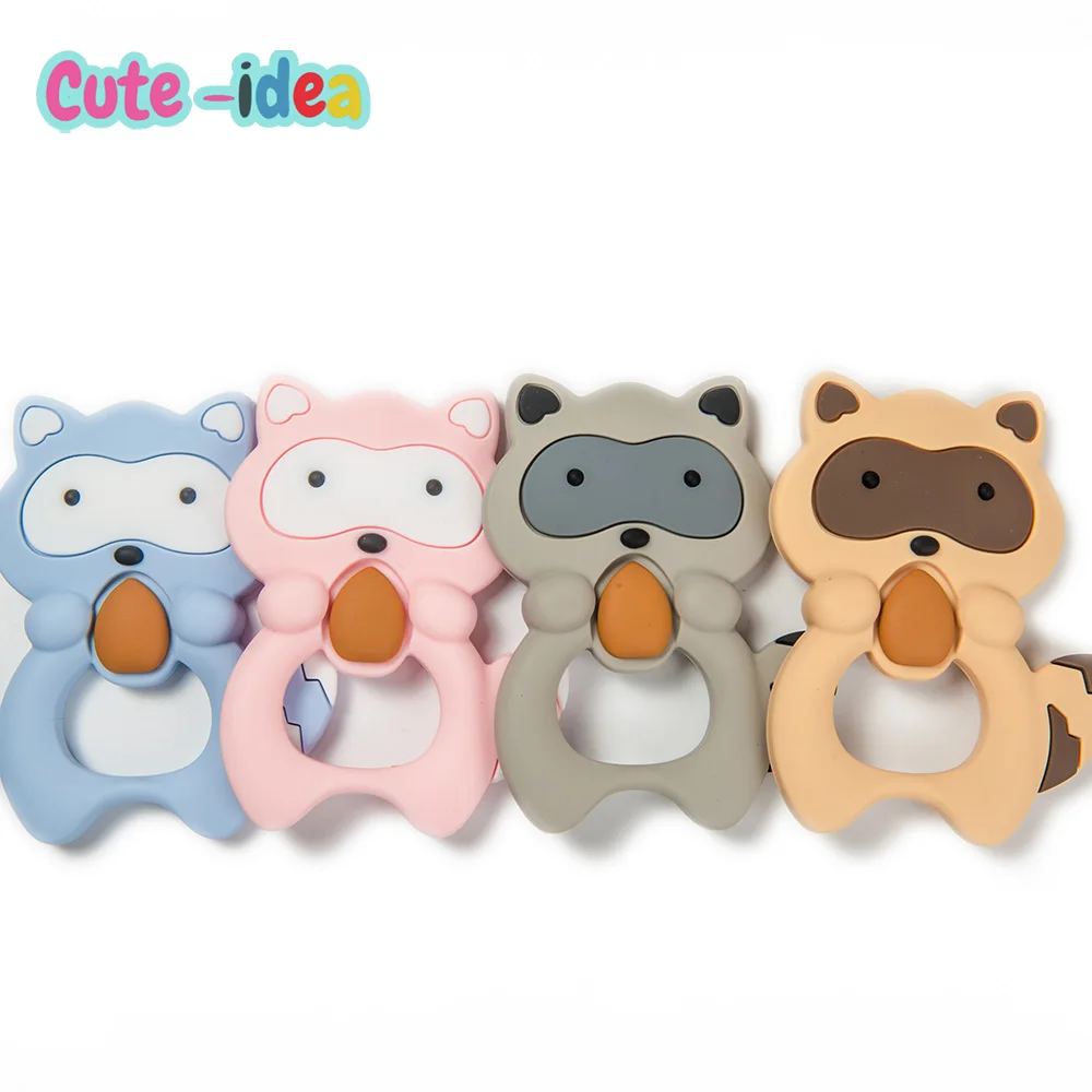 

Cute-Idea 1pc Silicone Raccoon Teether Animal Cartoon BPA free Food Grade Chewable Pacifier Teething Toddle Safe Chain Baby Toy