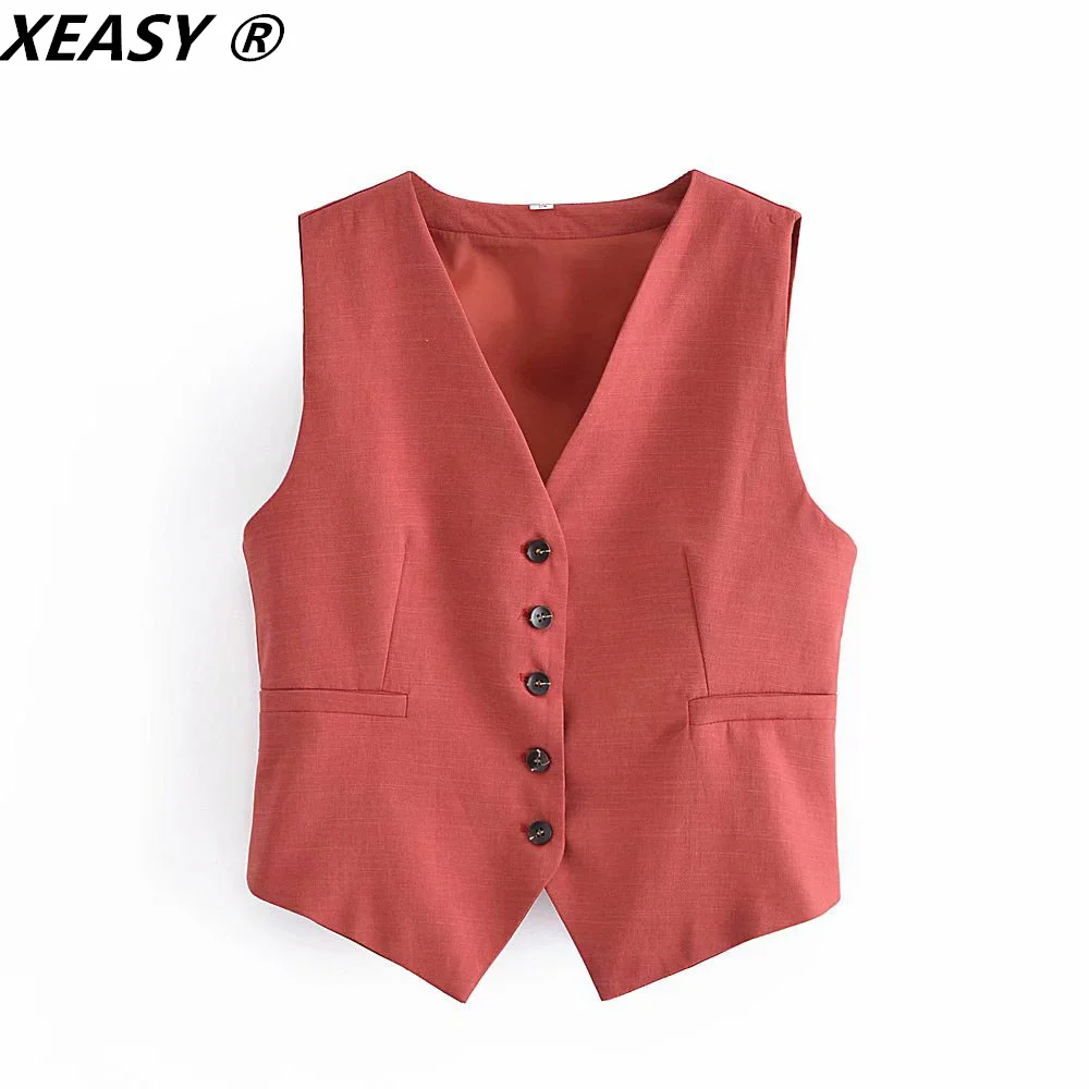 XEASY 2021 Women Fashion Solid Color Suit Vest Vintage V Neck Single Breasted Sleeveless Female Chic Back Belt Coat Vests