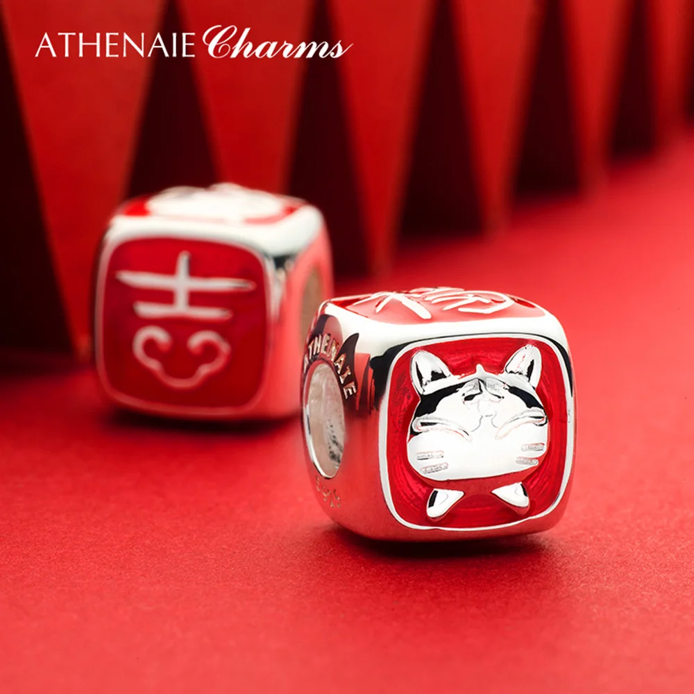 ATHENAIE Chinese Zodiac Tiger Charms 925 Sterling Silver Red Enamel Best Wishes Lucky Bead for Bracelet Children New Year Gift