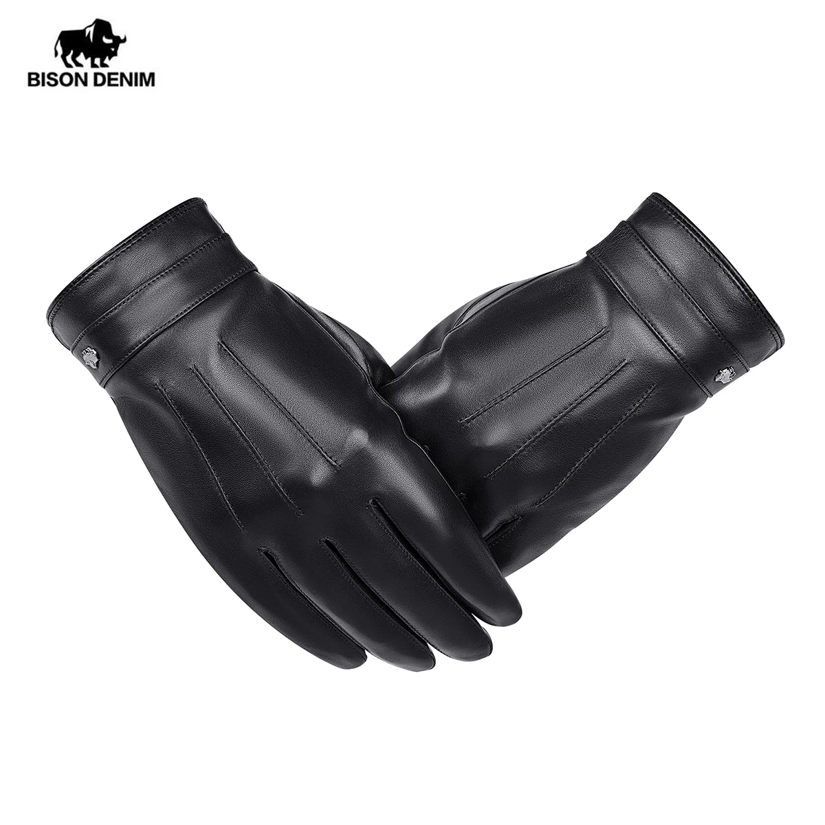 BISON DENIM Sheepskin Genuine Leather Men's Gloves Black Mittens Warm Touch Screen Windproof Male Autumn Winter Sheepskin Gloves