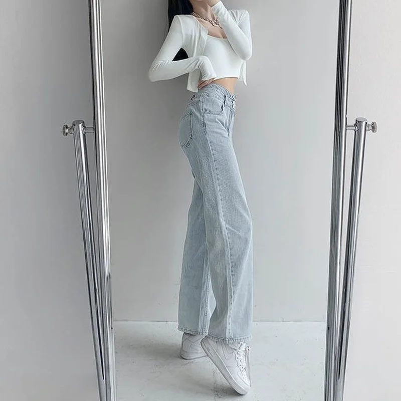 Jeans Women Ulzzang Spring Casual High Waist Washed Basic Street Style Korean Retro Solid Single Breasted Chic Design Vintage