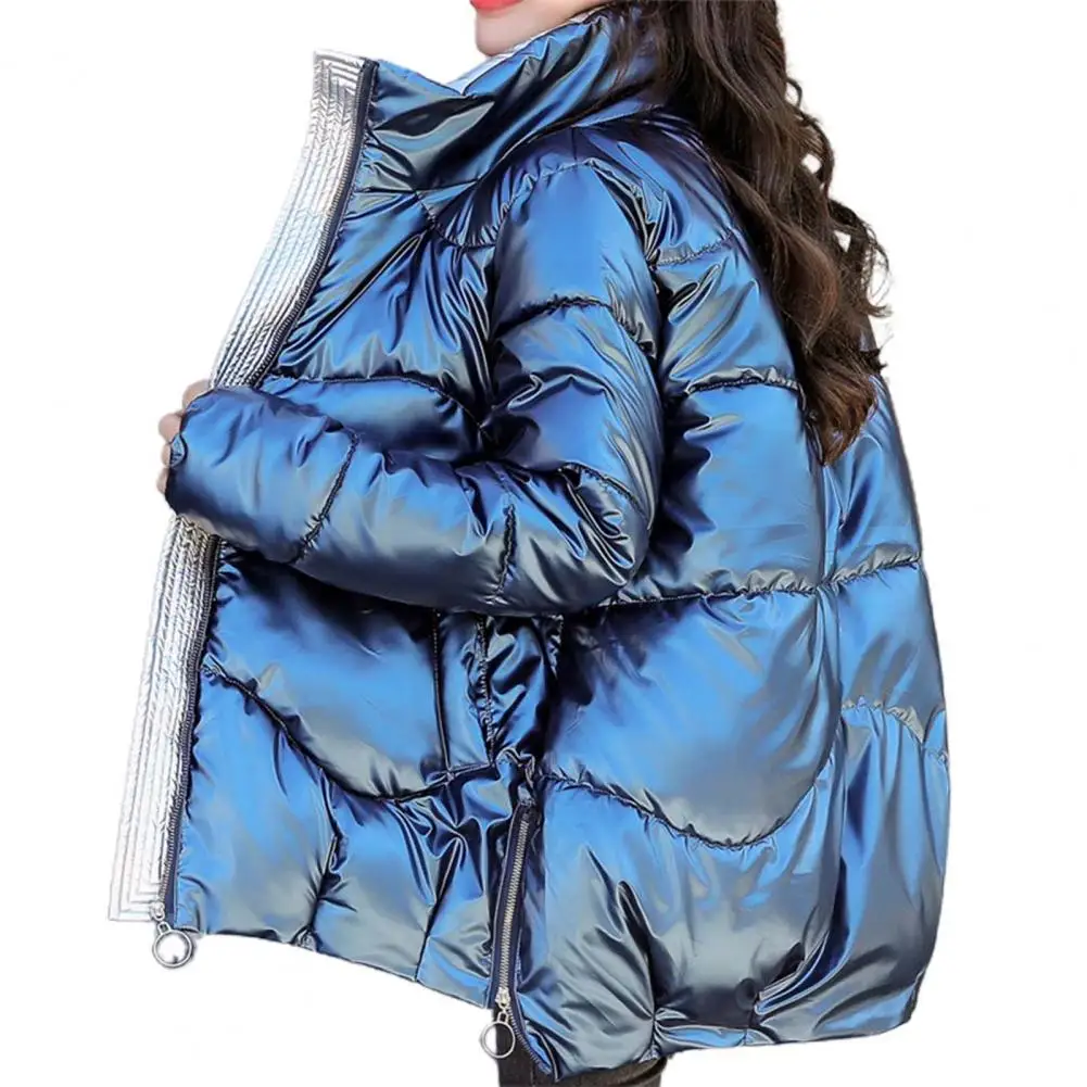 Zíper lateral alto baixo hem casaco feminino superfície brilhante inverno gola feminina puffer jaqueta outerwear