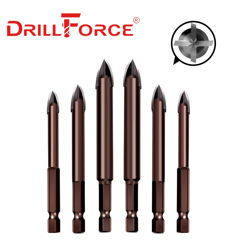 Сверла для плитки Drillforce с шестигранным хвостовиком, инструменты для открывания отверстий в стекле, керамике, бетоне, 4 лезвия, Твердосплавные наконечники, 3/4/5/6/8/10/12 мм