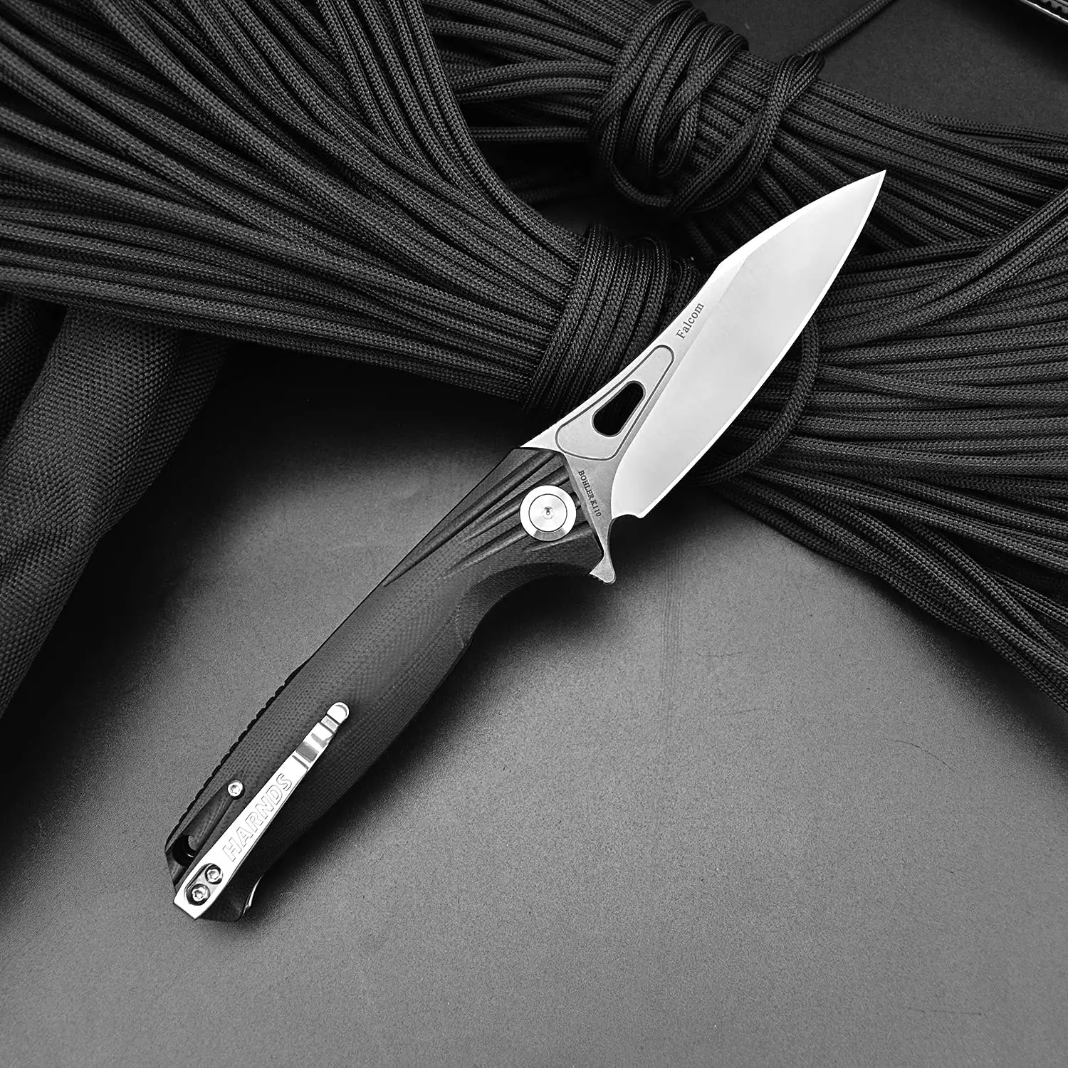 HARNDS CK9180 Falcon Pocket Knife with BOHLER K110 Steel Camping Folding Knife with Deep Carry Pocket Clip G10 Handle