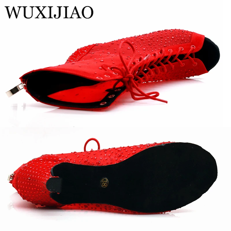 WUXIJIAO-zapatos de Jazz para mujer y niña, zapatillas de baile latino, zapatos informales de salsa latina con diamantes de imitación rojos