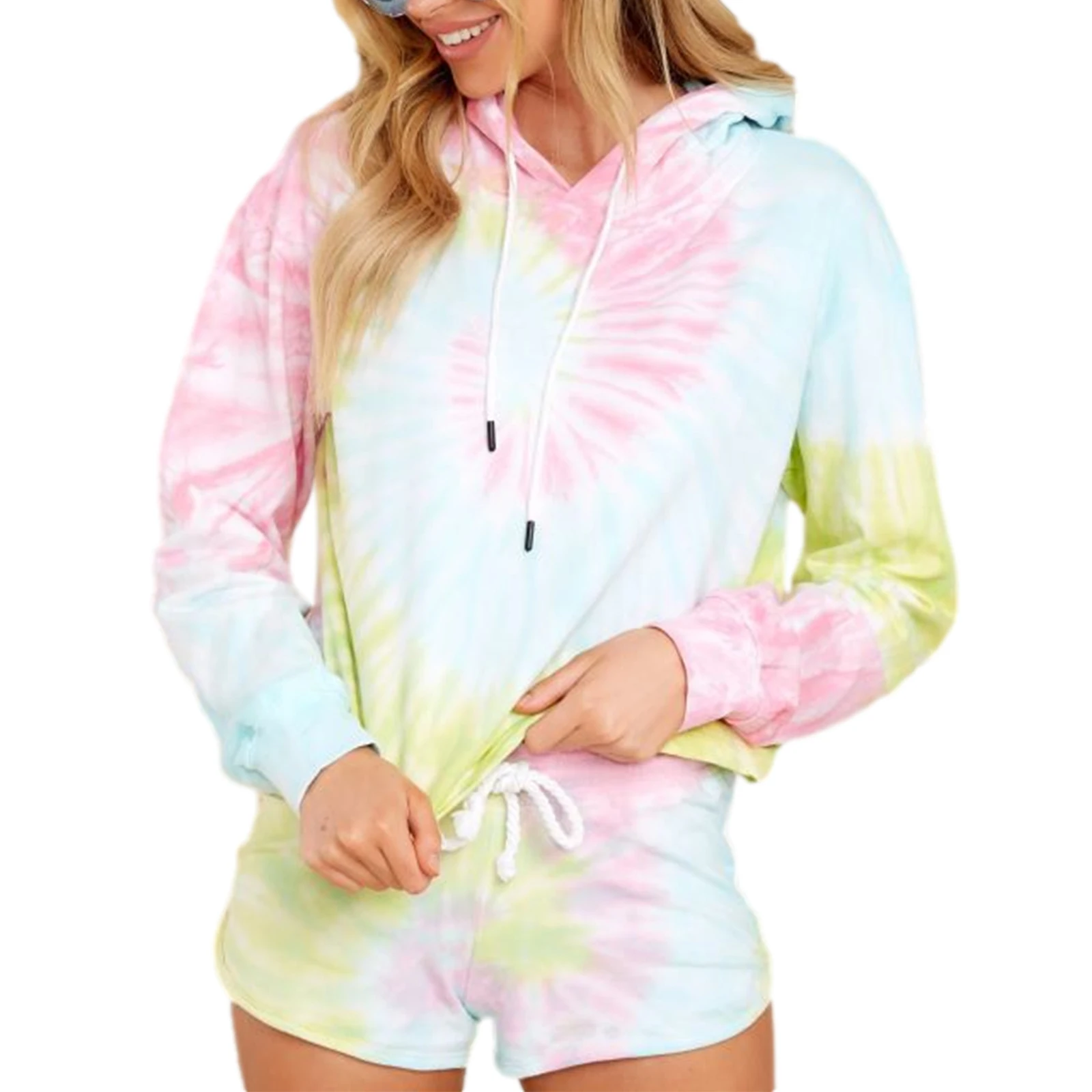 2021 Sweater suit Tie-Dye Hooded Long Sleeves Sweatshirt + Elastic Waist Shorts for Girls, 2Pcs Women Summer Tracksuit, S/M/L/XL