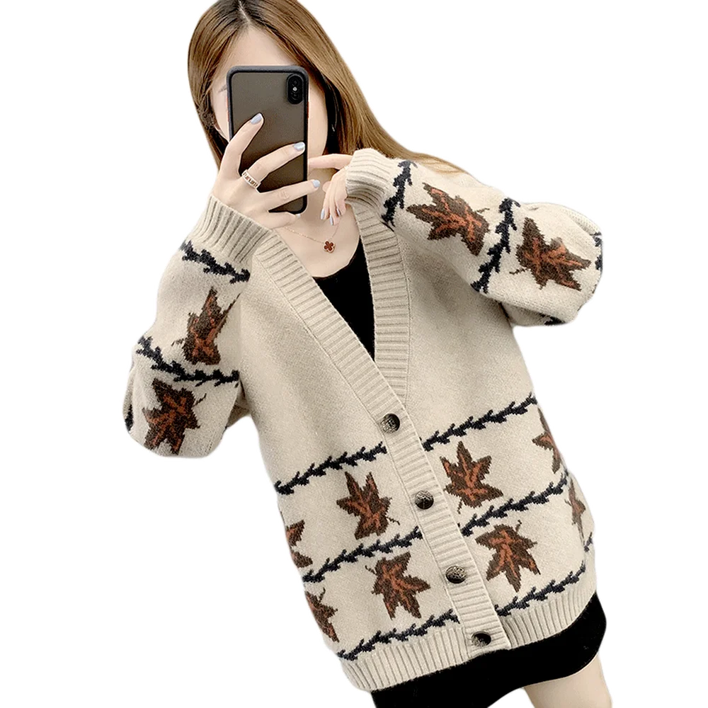 Women\'s Knitted Cardigan, Beautiful Sweater with Maple Leaf Pattern, V-neck Button Khaki Ladies Sweater Cardigan Autumn Cardigan