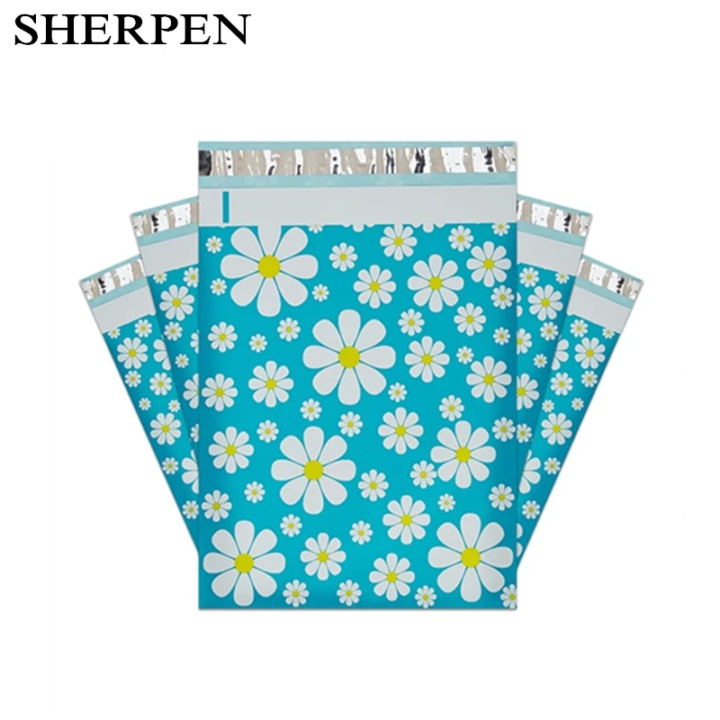 SHERPEN 50pcs Express Bag Courier Daisy&Sakura Plastic Envelopes Waterproof Shipping Mailing Bags Postal Express Packaging Bag