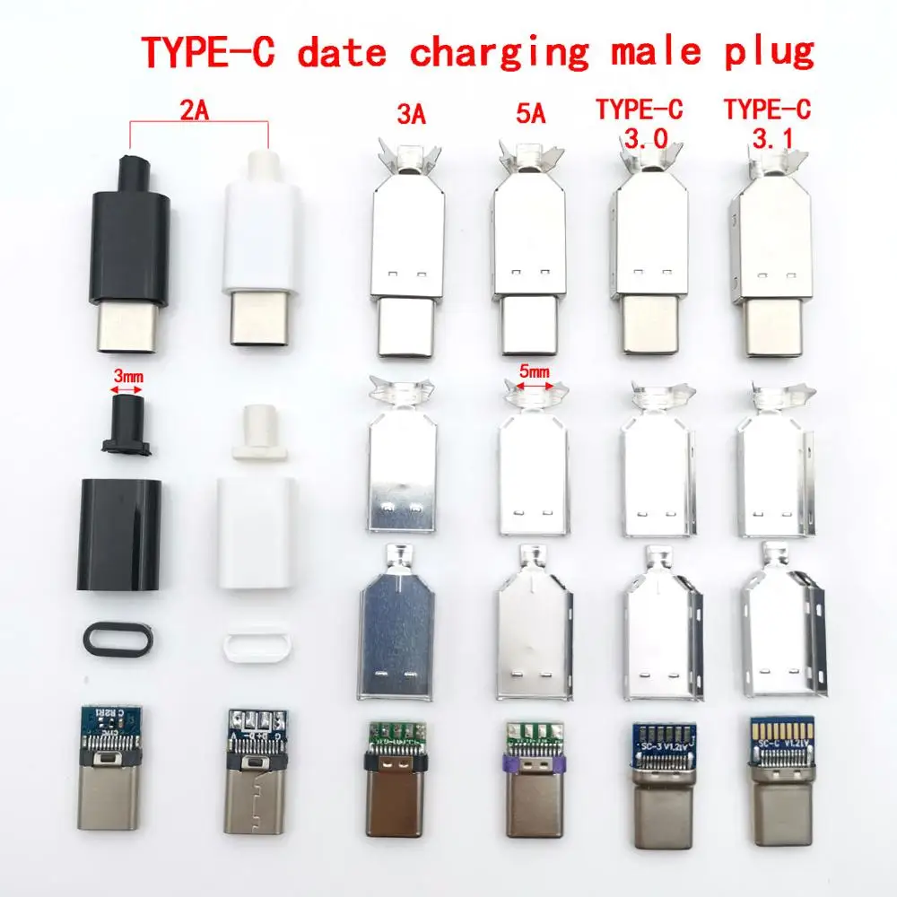 2 zestawy USB 3.1 typu C 2.0 męska wtyczka wtyczka ładowania typ spawania USB-C adapter 3/4 w 1 2A/3A/5A prąd o dużym napięciu złącze z przypadku