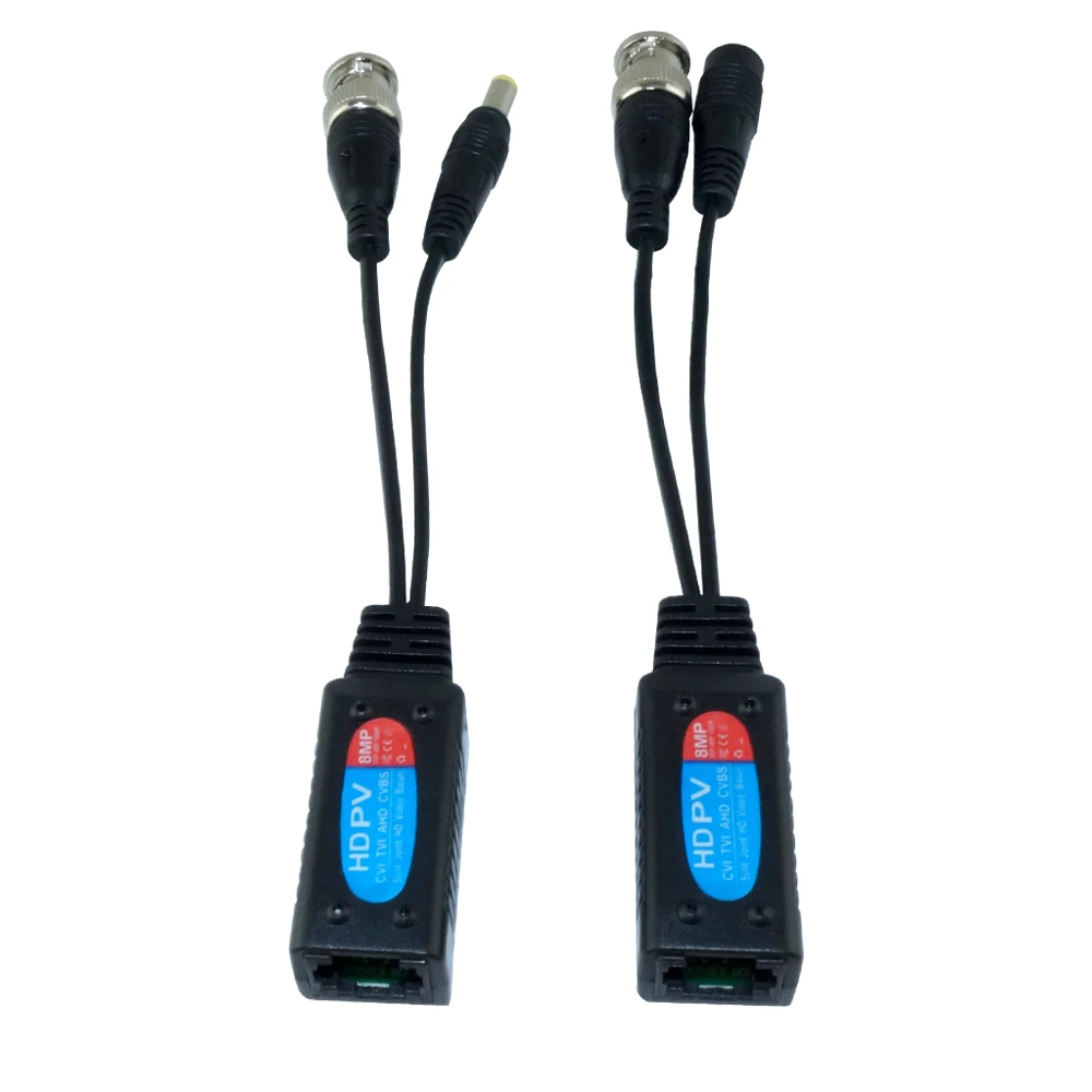 2 par/lote 4K CCTV Cable DC Power Video Balun pasivo BNC a RJ45 convertidor para 5MP 8MP CCTV Cables de transmisión de cámara