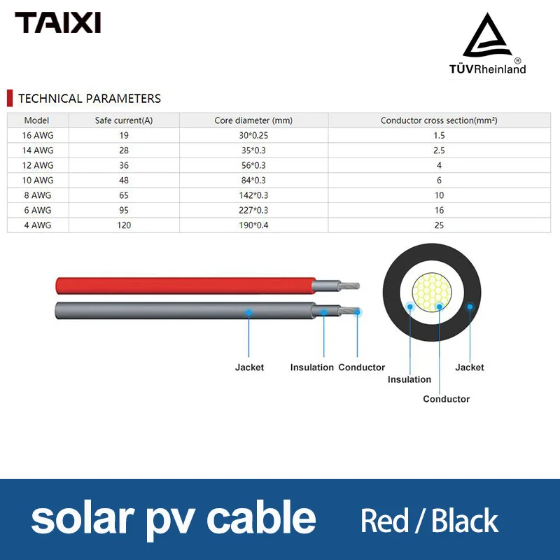 Solar Photovoltaic PV Cable Wire Battery Connection Cable 4 6 8 10 12 14 16 AWG/2.5 4 6 8 10mm2  Red Black Cable