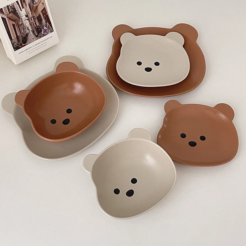 Kawaii Bear Bowl Plate Tableware Ceramics Cute Fruit Noodle Breakfast Salad Bowl Korean Accessories Utensils For Kitchen