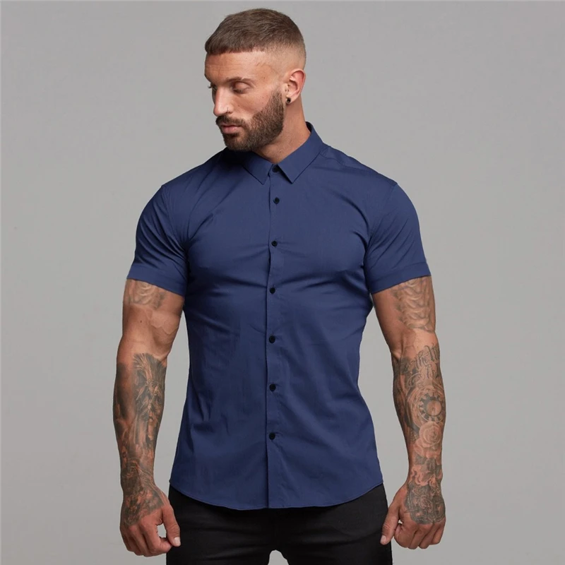 Summer Fashion Man Short Sleeve Shirt Solid Fitness Mens Turn-down Collar Super Slim Fit Business Dress Shirt Button Gym Tops