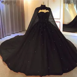 Vestido de fiesta negro, vestido de novia gótico con capa, escote en forma de corazón personalizado, princesa nupcial con cuentas, no blanco, novia hecha a medida 2022