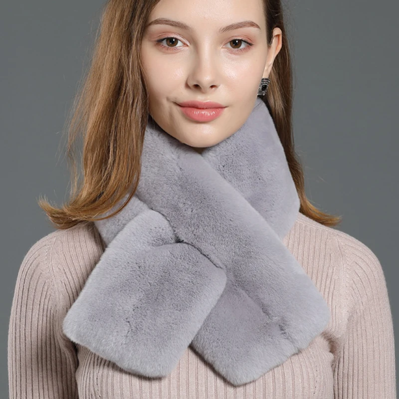 Korean Solid Color Faux Rabbit Fur Cross Plush Scarf Women's Winter Thicken Double Sided Collar Neck Protector Warm Scarves T27