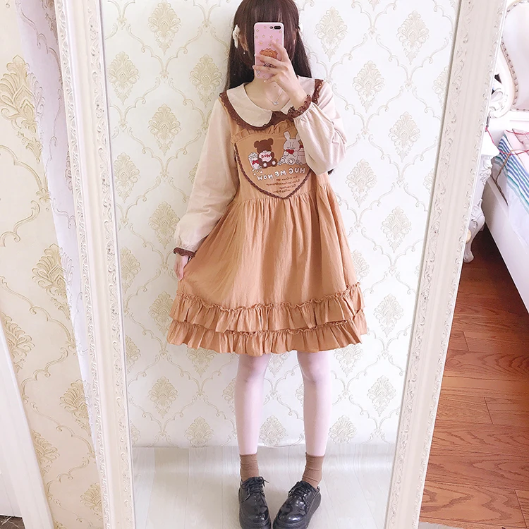 Japanischen vintage weiche mädchen mädchen cartoon bär stickerei puppe kragen lose lange hülse kleid hohe taille viktorianischen kleid kawaii