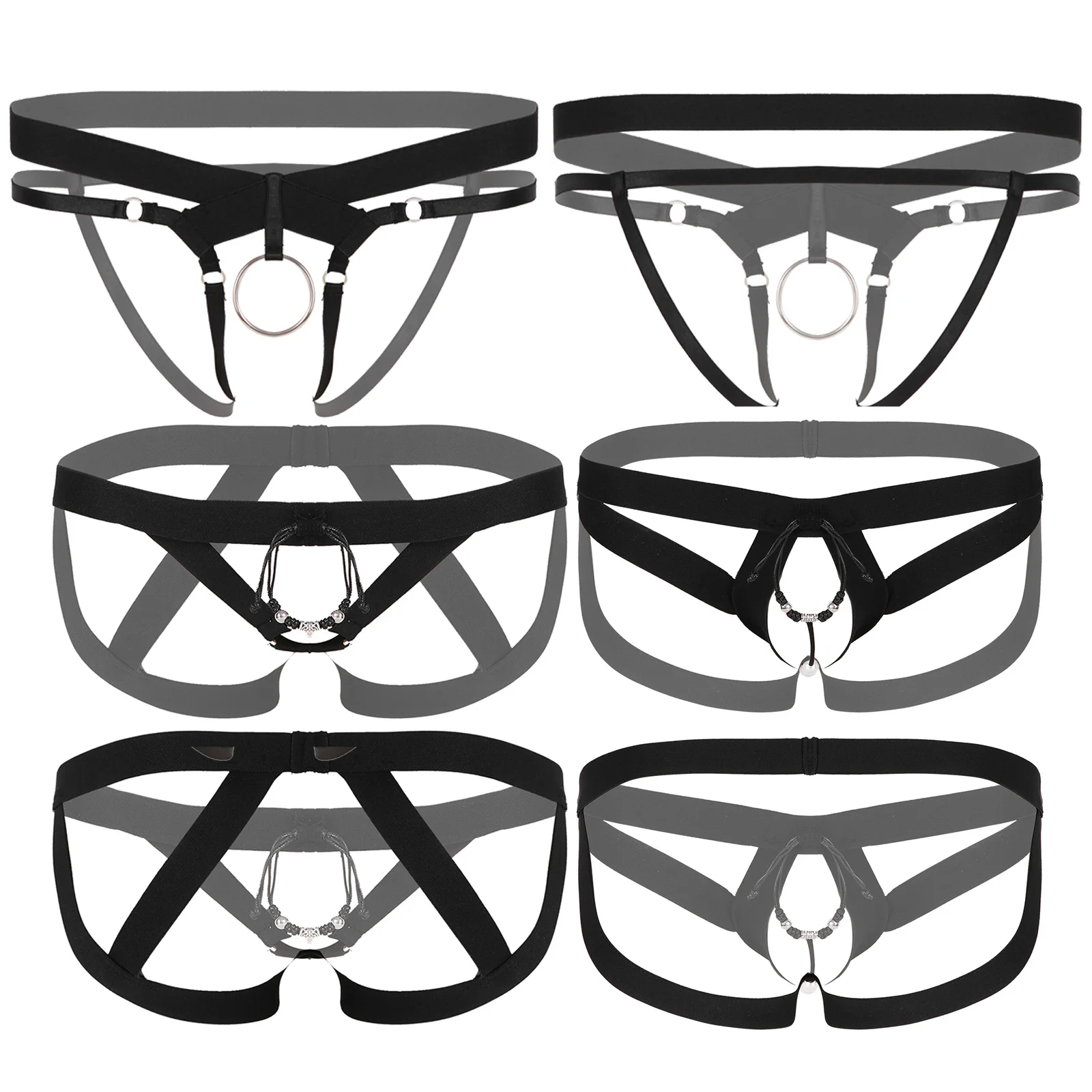 Mens G-string Panties Crotchless Strappy Thongs O Ring Bead Decor Low Rise Elastic Waistband T-back Underwear for Honeymoon Gift