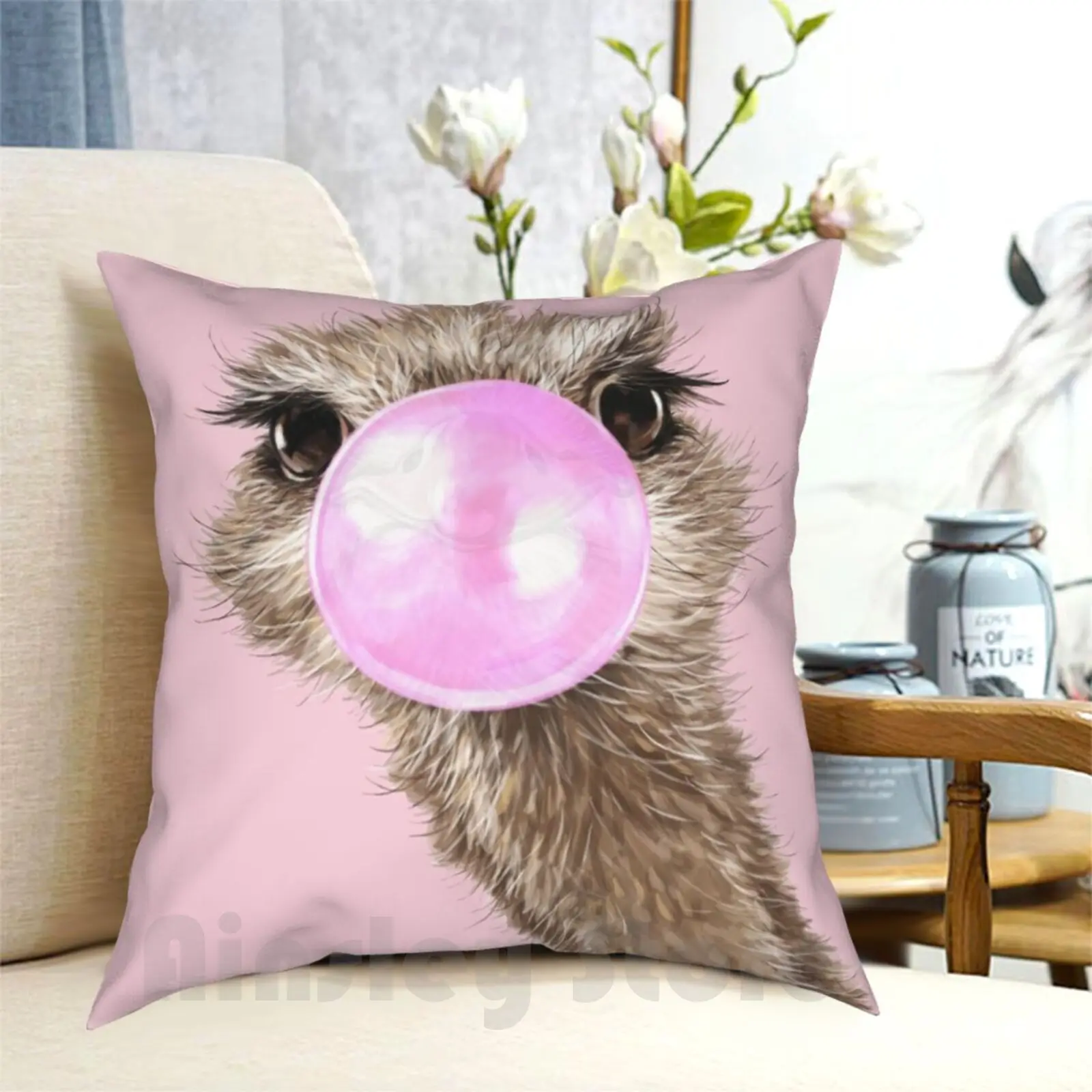 Sneaky Ostrich With Bubble Gum In Pink Pillow Case Printed Home Soft Throw Pillow Animal Animals Bird Cute Adorable