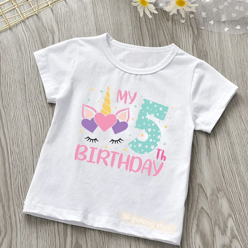 My 2-9th Birthday Numuber T-Shirt Kawaii Unicorn Eyelashes Love Cartoon Kids Clothes Girls T Shirt Short Sleeve T-Shirts