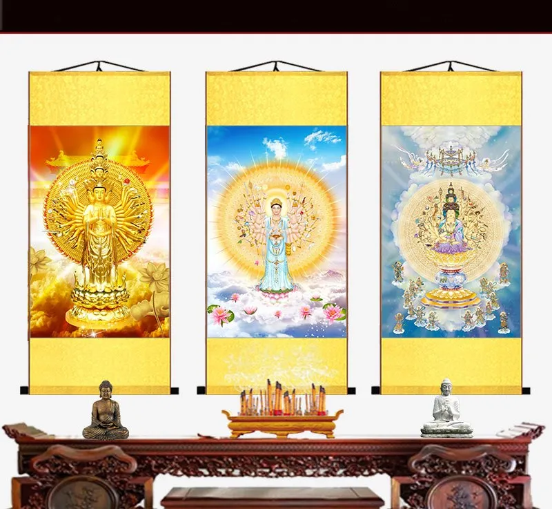 

Pictures of Avalokitesvara with thousand hands, hanging pictures, Tantric Tangka Buddha Scroll paintings in Buddhist Hall