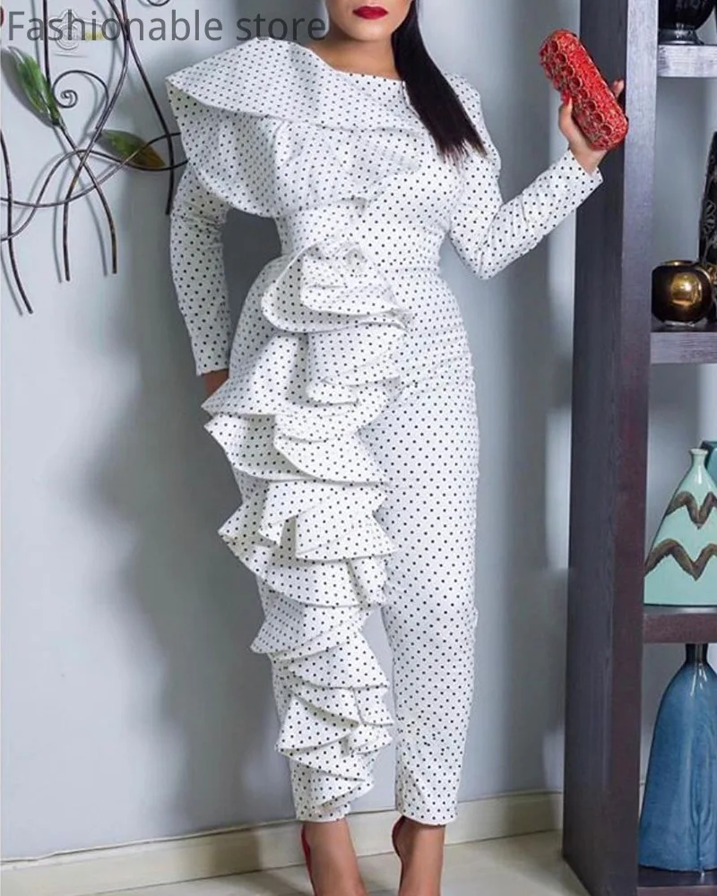 Women Elegant Polka Dot Print Long Sleeve Ruffles Design Jumpsuit