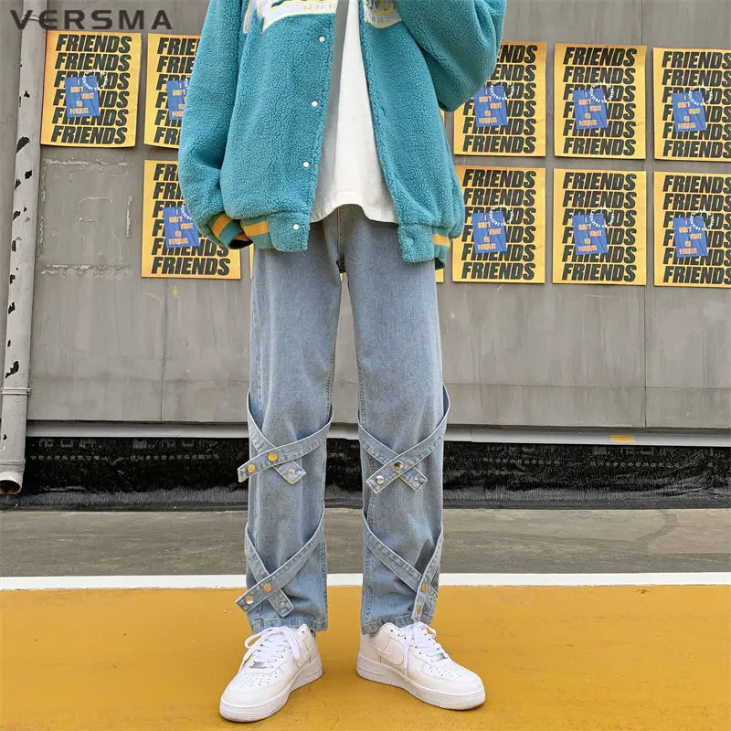 

VERSMA High Street Mid Waist Vintage Jeans Men Women Hip Hop Cross Straps Stitch Boyfriend Jeans Straight Pants Men Dropshipping
