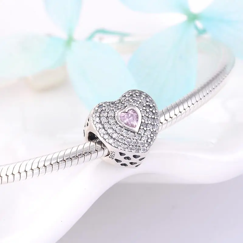 Valentine's Day Gift 925 Sterling Silver Fascinating Heart Shape Pink CZ Bead Fit Original Fine Charm Bracelet Jewelry Making