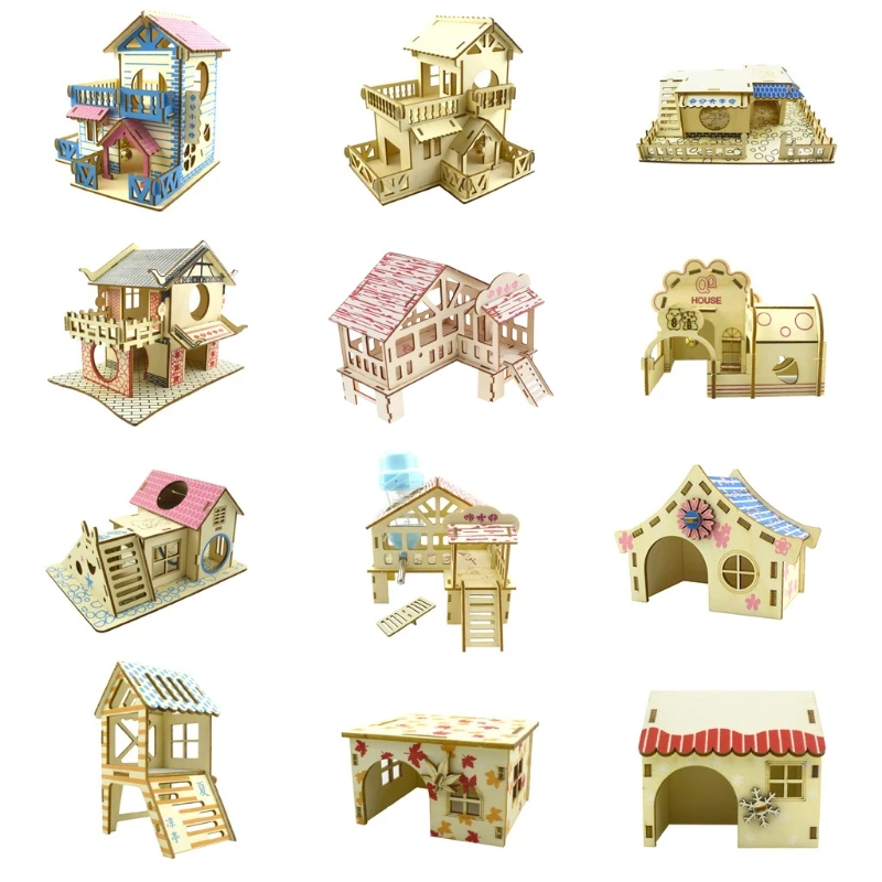 Hamster Hideout Wooden Hut Small Animals Accessories Double Layer Villa Rat Room House Cage Exercise Toy with Ladder Board